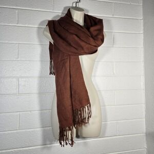 Vtg Pashmina Brown Fringe Scarf Shawl Wrap 30x68 Solid Earthy Boho Classic